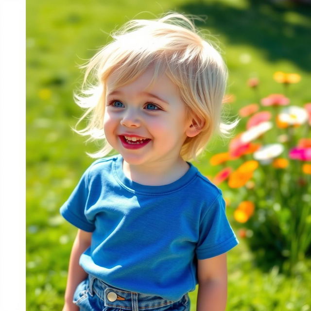 A young blonde child with short hair, looking to the right, with a bright smile and sparkling blue eyes