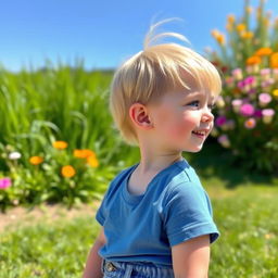 A young blonde child with short hair, looking to the right, with a bright smile and sparkling blue eyes