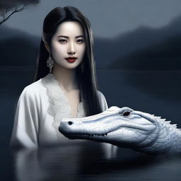 A semi-realistic digital art image featuring an incredibly beautiful Asian woman by a darkened lake, accompanied by a white crocodile