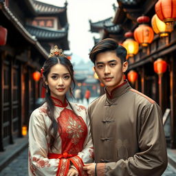 A beautiful young Chinese woman with striking blue eyes, wearing traditional Chinese clothing, poses gracefully in the charming streets of historical China