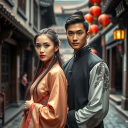 A beautiful young Chinese woman with striking blue eyes, wearing traditional Chinese clothing, poses gracefully in the charming streets of historical China