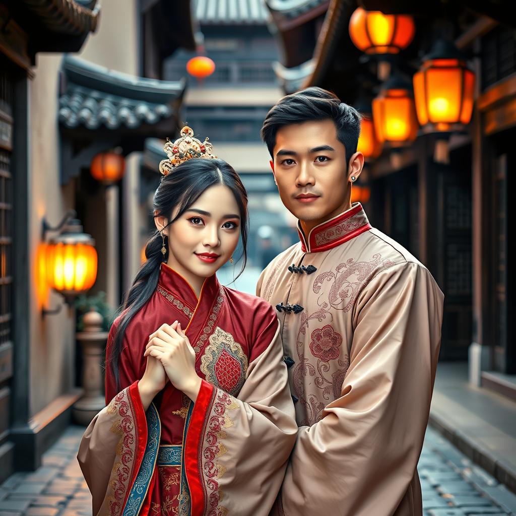 A beautiful young Chinese woman with striking blue eyes, wearing traditional Chinese clothing, poses gracefully in the charming streets of historical China