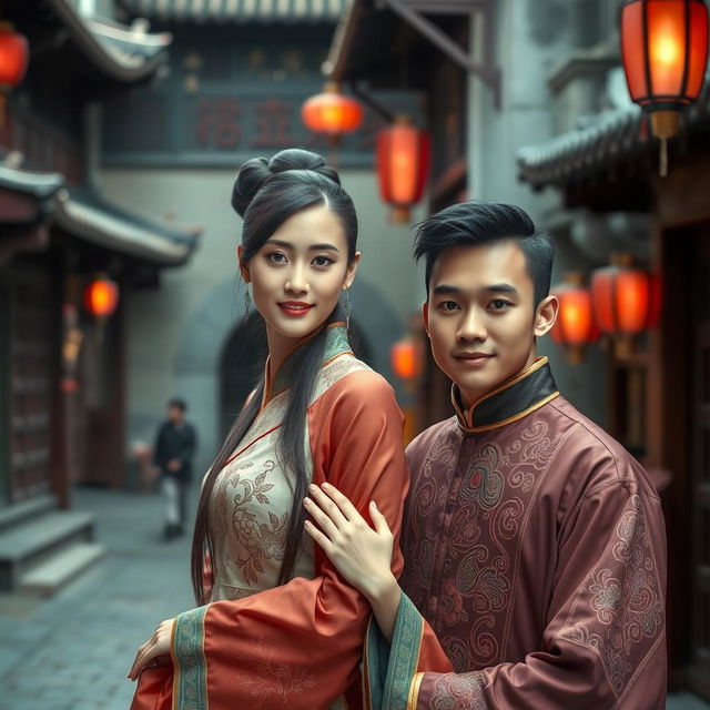 A beautiful young Chinese woman with striking blue eyes, wearing traditional Chinese clothing, poses gracefully in the charming streets of historical China