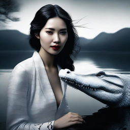 A hyper-realistic digital art image featuring an incredibly beautiful Asian woman by a darkened lake, accompanied by a white crocodile