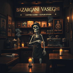 A cozy coffee shop named 'Bazargani Vaseghi' featuring a whimsical skeleton barista happily serving coffee to customers