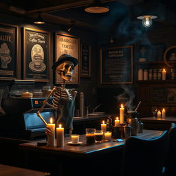 A cozy coffee shop named 'Bazargani Vaseghi' featuring a whimsical skeleton barista happily serving coffee to customers
