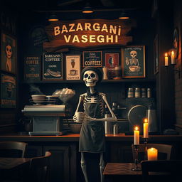 A cozy coffee shop named 'Bazargani Vaseghi' featuring a whimsical skeleton barista happily serving coffee to customers