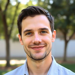 A portrait of a 32-year-old man, with a normal, unassuming appearance