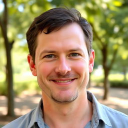 A portrait of a 32-year-old man, with a normal, unassuming appearance