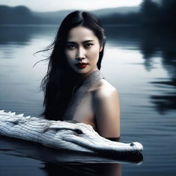 A hyper-realistic digital art image featuring an incredibly beautiful Asian woman by a darkened lake, accompanied by a white crocodile