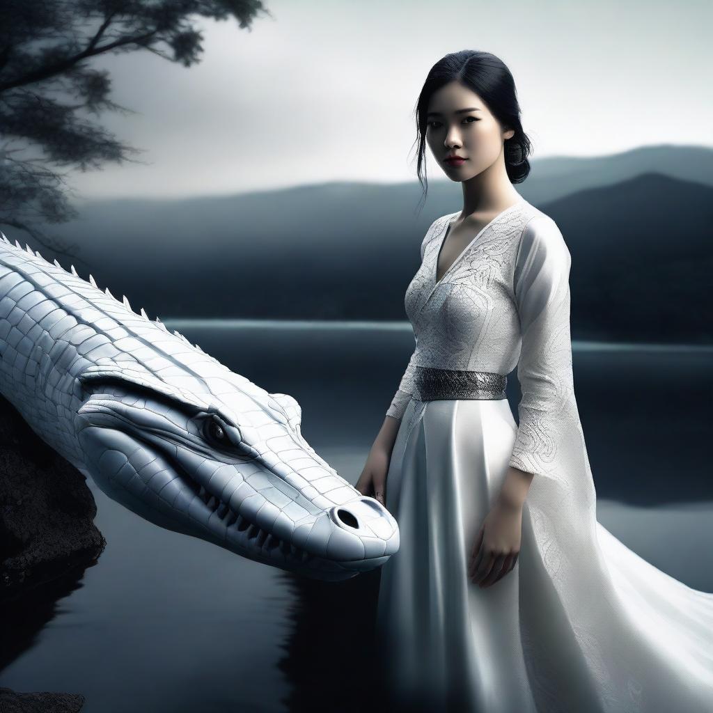 A hyper-realistic digital art image featuring an incredibly beautiful Asian woman by a darkened lake, accompanied by a white crocodile