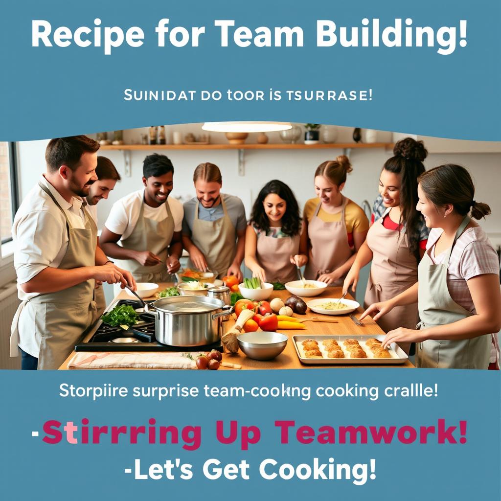 A realistic and engaging poster titled 'Recipe for Team Building!' featuring a kitchen scene with team members cooking and baking together