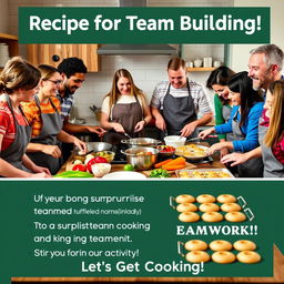 A realistic and engaging poster titled 'Recipe for Team Building!' featuring a kitchen scene with team members cooking and baking together