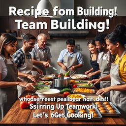 A realistic and engaging poster titled 'Recipe for Team Building!' featuring a kitchen scene with team members cooking and baking together