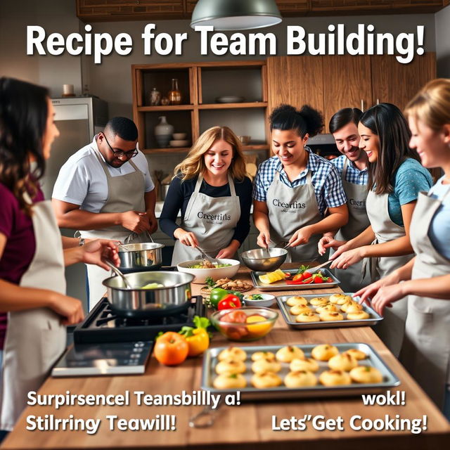 A realistic and engaging poster titled 'Recipe for Team Building!' featuring a kitchen scene with team members cooking and baking together