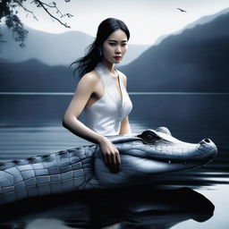 A hyper-realistic digital art image featuring an incredibly beautiful Asian woman by a darkened lake, accompanied by a white crocodile