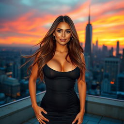 A sexy woman wearing a stylish and form-fitting outfit, standing confidently on a rooftop with a city skyline in the background