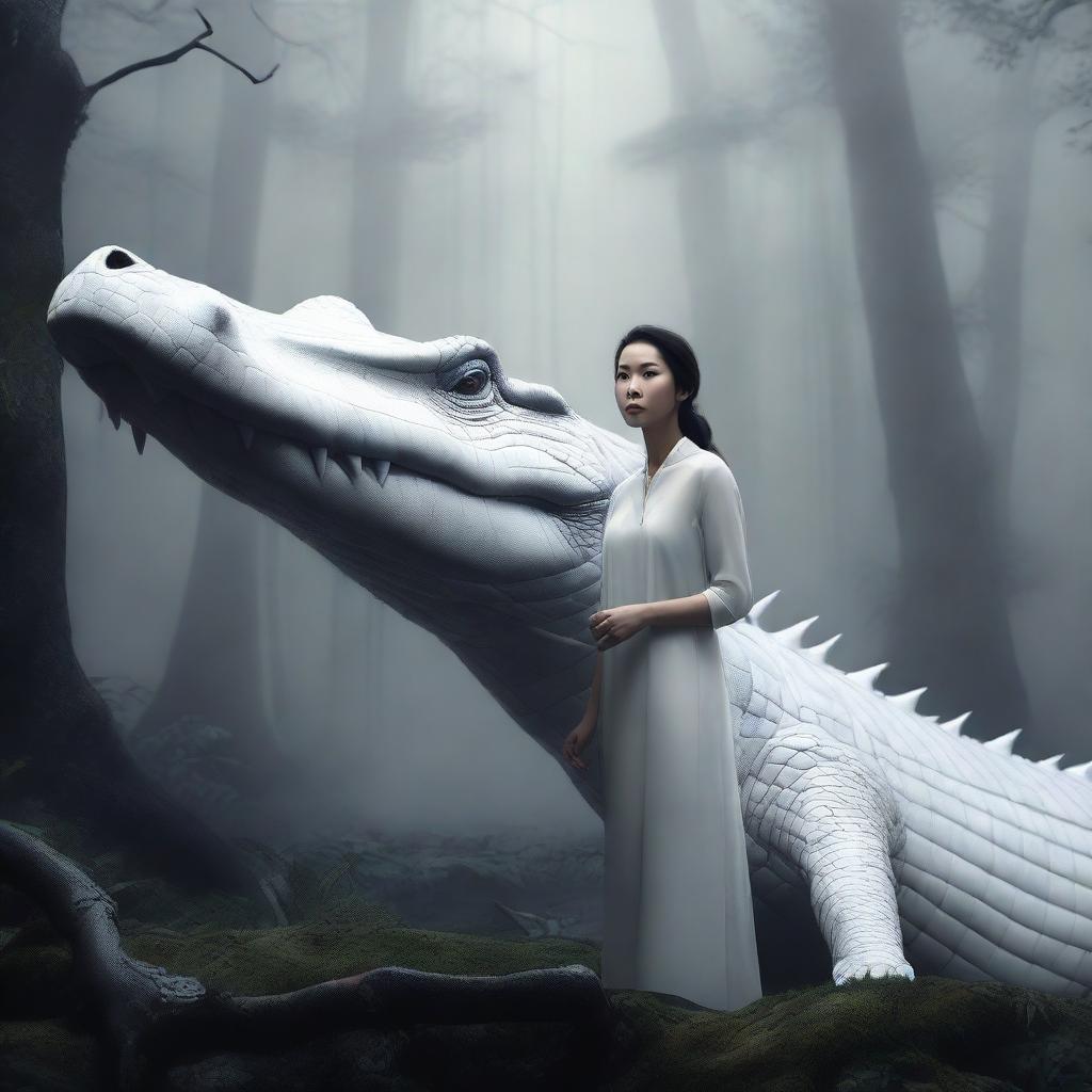 A hyper-realistic digital art image featuring an incredibly beautiful Asian woman in a foggy, dark forest, accompanied by a giant white crocodile