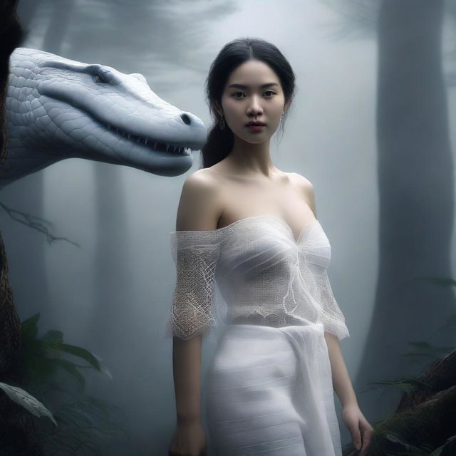 A hyper-realistic digital art image featuring an incredibly beautiful Asian woman in a foggy, dark forest, accompanied by a giant white crocodile