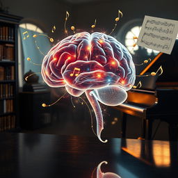 A visually captivating scene that intertwines brain science and the artistry of piano music