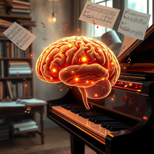 A visually captivating scene that intertwines brain science and the artistry of piano music