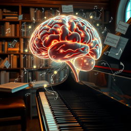 A visually captivating scene that intertwines brain science and the artistry of piano music