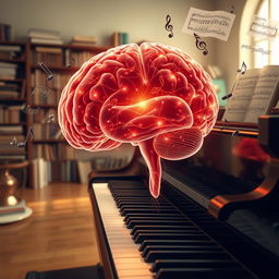 A visually captivating scene that intertwines brain science and the artistry of piano music