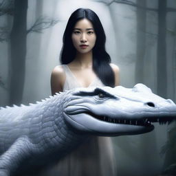 A hyper-realistic digital art image featuring an incredibly beautiful Asian woman in a foggy, dark forest, accompanied by a giant white crocodile