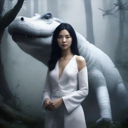 A hyper-realistic digital art image featuring an incredibly beautiful Asian woman in a foggy, dark forest, accompanied by a giant white crocodile