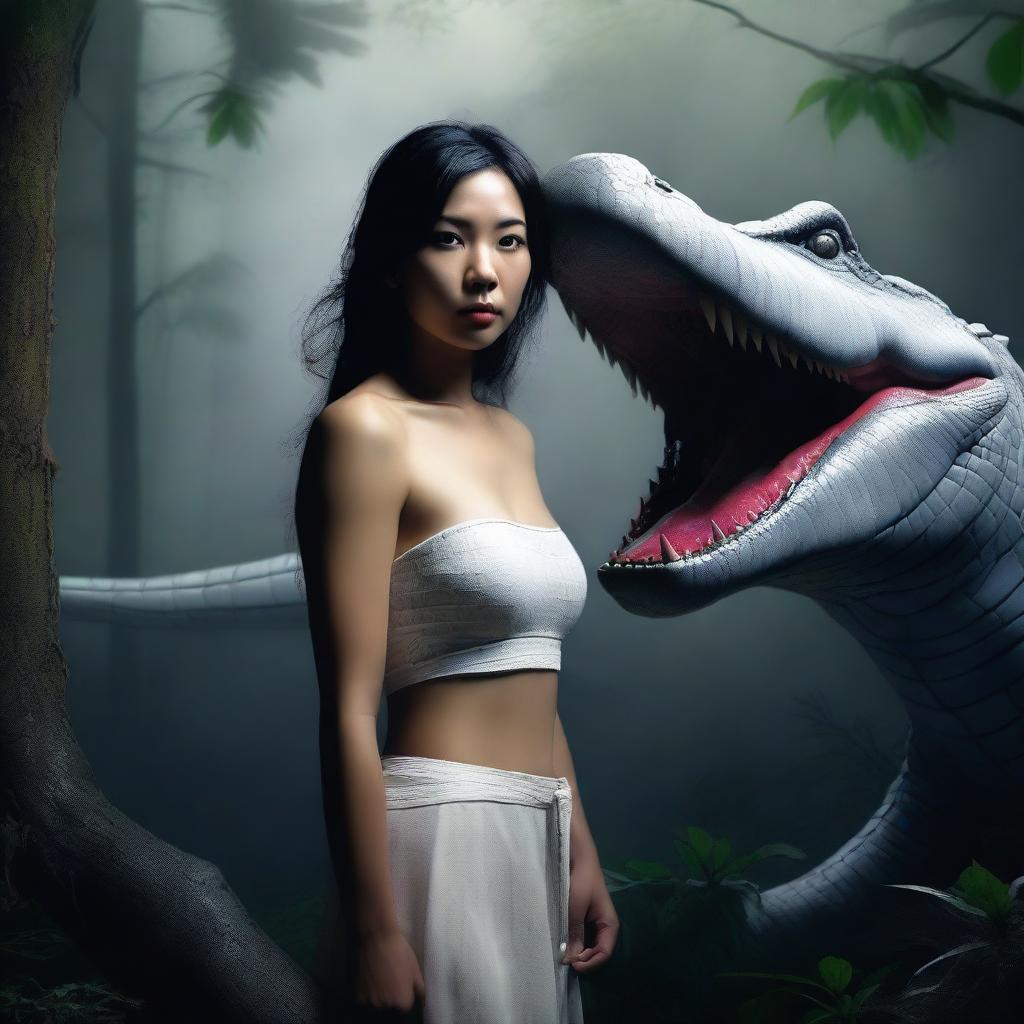 A hyper-realistic image portrays a stunningly beautiful Asian woman in a forest brimming with darkness, mist, and a giant white crocodile