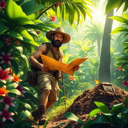 A detailed scene of a treasure hunter exploring a lush, tropical jungle