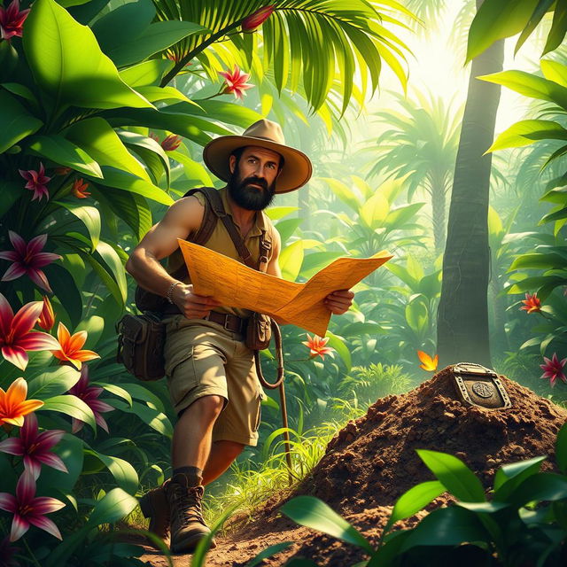 A detailed scene of a treasure hunter exploring a lush, tropical jungle