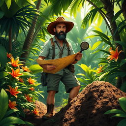 A detailed scene of a treasure hunter exploring a lush, tropical jungle