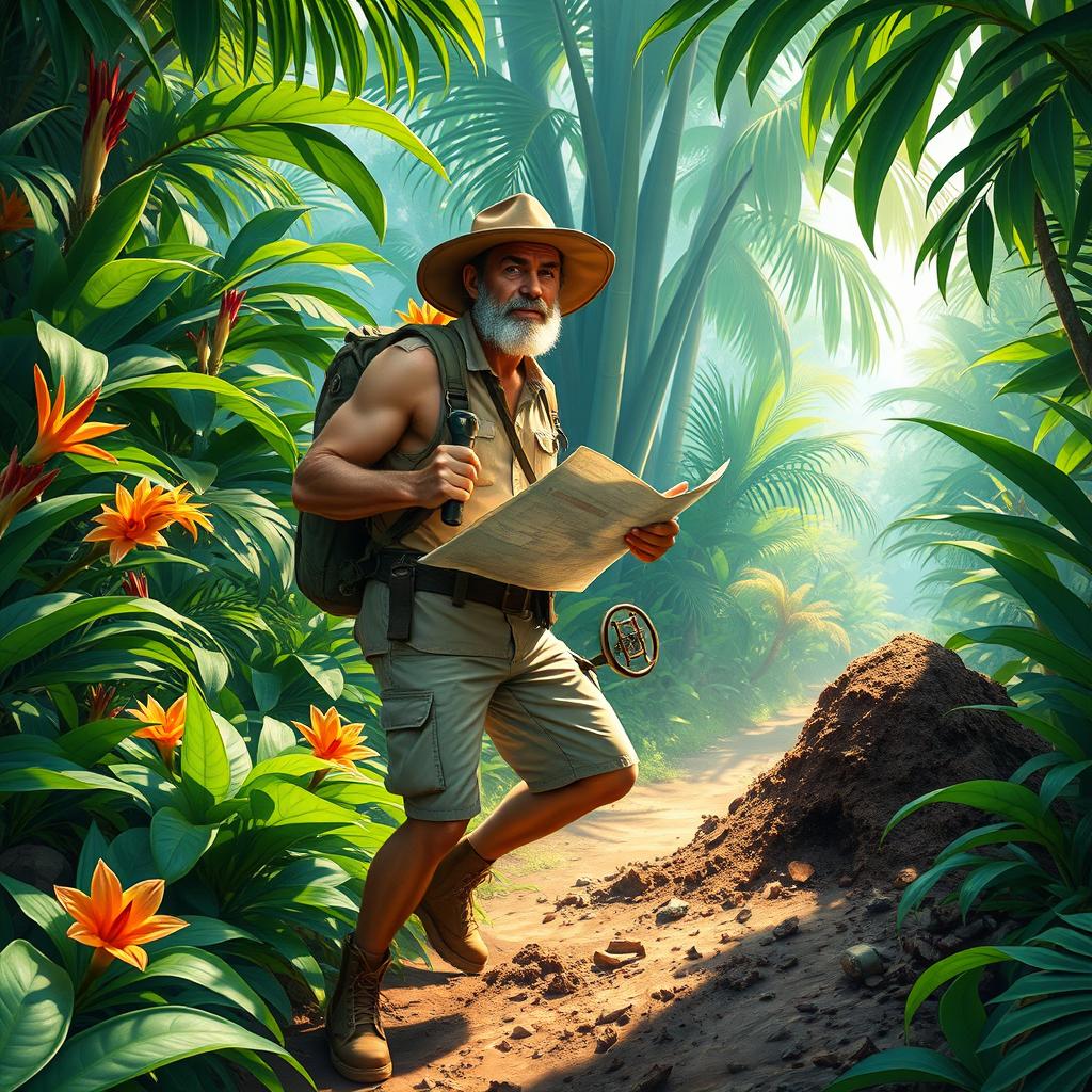 A detailed scene of a treasure hunter exploring a lush, tropical jungle