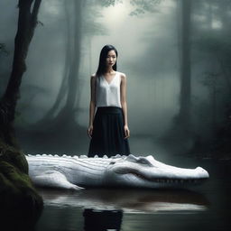 A hyper-realistic image portrays a stunningly beautiful Asian woman in a forest brimming with darkness, mist, and a giant white crocodile