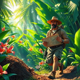 A detailed scene of a treasure hunter exploring a lush, tropical jungle