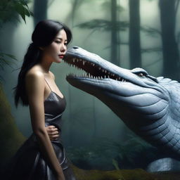 A hyper-realistic image portrays a stunningly beautiful Asian woman in a forest brimming with darkness, mist, and a giant white crocodile