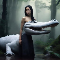 A hyper-realistic image portrays a stunningly beautiful Asian woman in a forest brimming with darkness, mist, and a giant white crocodile