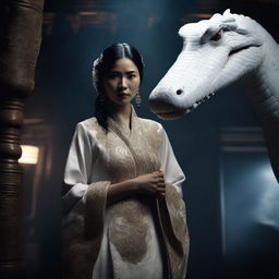 This is a hyper-realistic image of an extremely beautiful Asian woman dressed in traditional attire, standing in an environment filled with darkness and a giant white crocodile