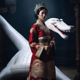 This is a hyper-realistic image of an extremely beautiful Asian woman dressed in traditional attire, standing in an environment filled with darkness and a giant white crocodile