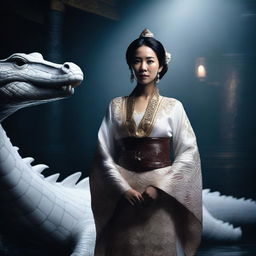 This is a hyper-realistic image of an extremely beautiful Asian woman dressed in traditional attire, standing in an environment filled with darkness and a giant white crocodile