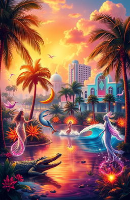 A vibrant and mystical representation of spirits embodying the essence of Florida, known as the Sunshine State