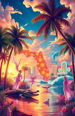 A vibrant and mystical representation of spirits embodying the essence of Florida, known as the Sunshine State