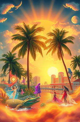 A vibrant and mystical representation of spirits embodying the essence of Florida, known as the Sunshine State