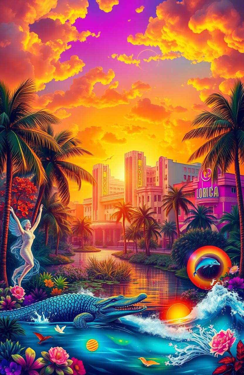 A vibrant and mystical representation of spirits embodying the essence of Florida, known as the Sunshine State