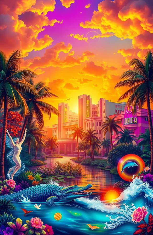 A vibrant and mystical representation of spirits embodying the essence of Florida, known as the Sunshine State