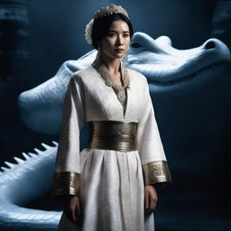 This is a hyper-realistic image of an extremely beautiful Asian woman dressed in traditional attire, standing in an environment filled with darkness and a giant white crocodile