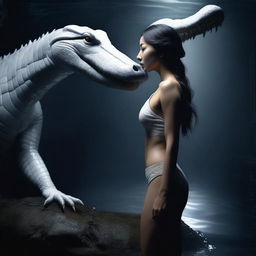 This is a hyper-realistic image depicting an extremely beautiful Asian woman and a giant white crocodile in an environment filled with darkness