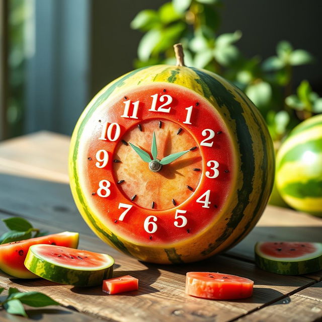 A vibrant and playful clock cleverly crafted from a watermelon