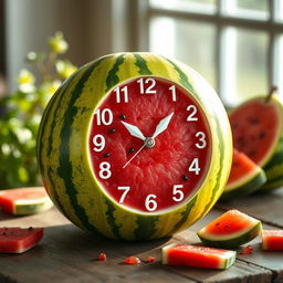 A vibrant and playful clock cleverly crafted from a watermelon